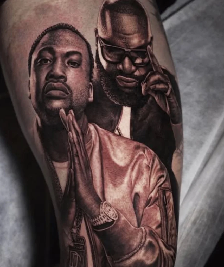 Portrait tattoo Melbourne masterpiece featuring detailed black and grey realism of hip hop artists